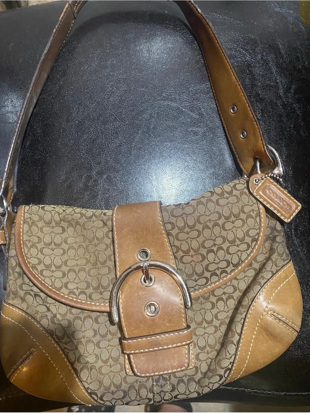 Coach Tan & Brown Signature Canvas Shoulder Bag with Buckle Accent